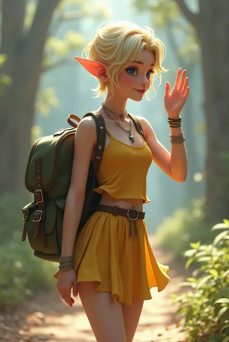 Super realistic illustration, Detailed Fantasy art, Cinema 4D rendering, 1 androgynous lady, solo, full body, A fairy elven lady puts on her backpack and sets off, Wave and smile goodbye, smiling with lips apart. blonde pixie cut, slicked-back short hair, ...