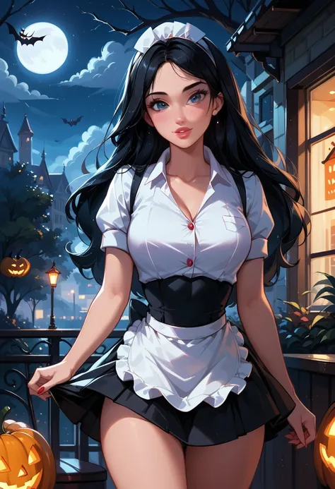 score_9, score_8_up, score_7_up, 1girl, solo, very sexy (Disneys Fa Mulan, black hair:1.4), wearing (sexy diner waitress uniform, short skirt:1.5), confident, flirt, gaze, sexy look, cute smile, head tilt, filled lips, thick lips, standing, in the living r...