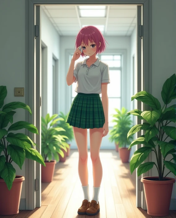 A 17-year-old white-skinned anime-style woman, anime To love ru, Standing in the doorway of a room and behind it is a hallway with medium sized pots along it, Inside a white school with wooden floor in Tokyo during the day, mide 168 cm, its measurements: B...