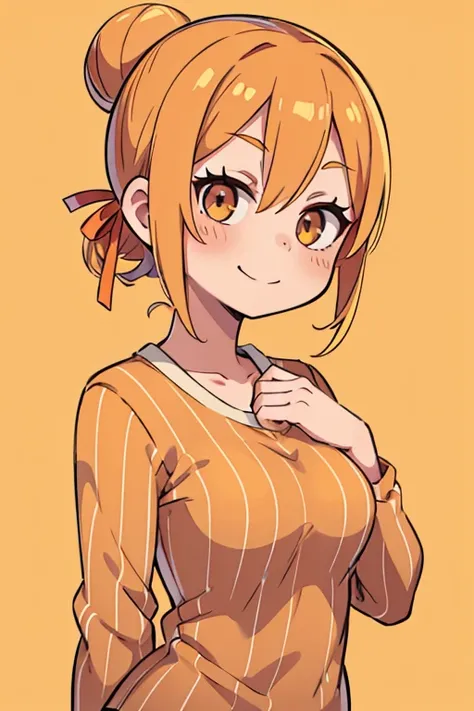 1girl, solo, hair bun, simple background, looking at viewer, smile, blush, single hair bun, orange background, breasts, striped clothes, blonde hair, shirt, upper body, striped shirt, closed mouth, hair ribbon, ribbon, brown eyes, long sleeves, medium brea...