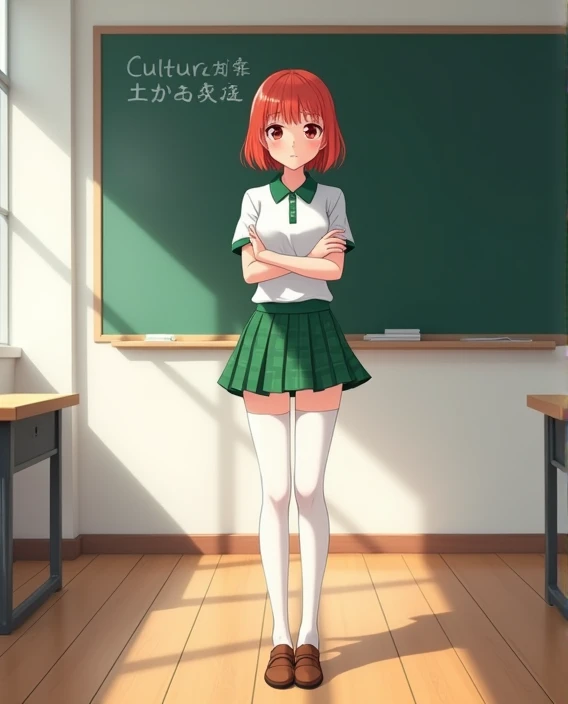 A 17-year-old white-skinned anime-style woman, anime style To Love Ru, Standing in front of a classroom with a blackboard ((Written cultural event )) behind her inside a white school with wooden floors in Tokyo during the day, mide 168 cm, its measurements...