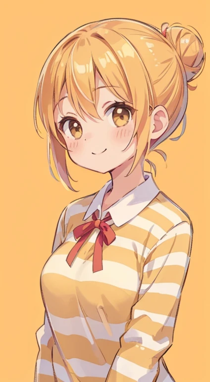 1girl, solo, hair bun, simple background, looking at viewer, smile, blush, single hair bun, orange background, breasts, striped clothes, blonde hair, shirt, upper body, striped shirt, closed mouth, hair ribbon, ribbon, brown eyes, long sleeves, medium brea...