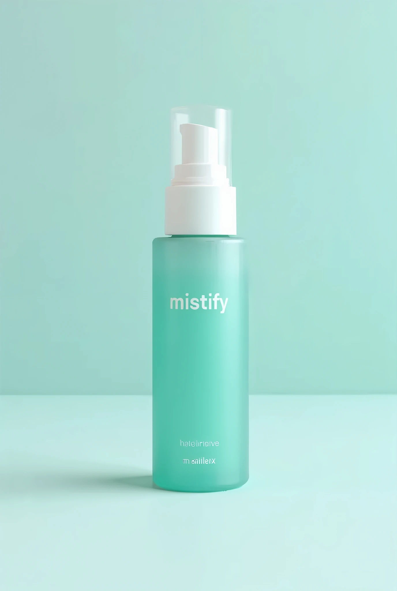 Mistify mineral spray serum bottle light teal, cylindrical body, with white mist spray nozzle, Mistify printed on the bottle