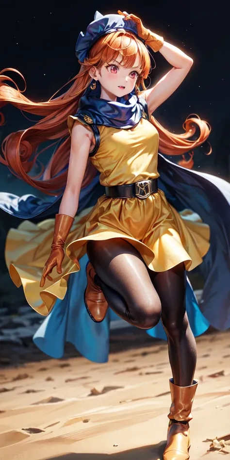 one girl,alone,dq4-arena,black pantyhose,blue cape,blue headdress,boots,curly hair,earrings,long hair,orange gloves,orange hair,...