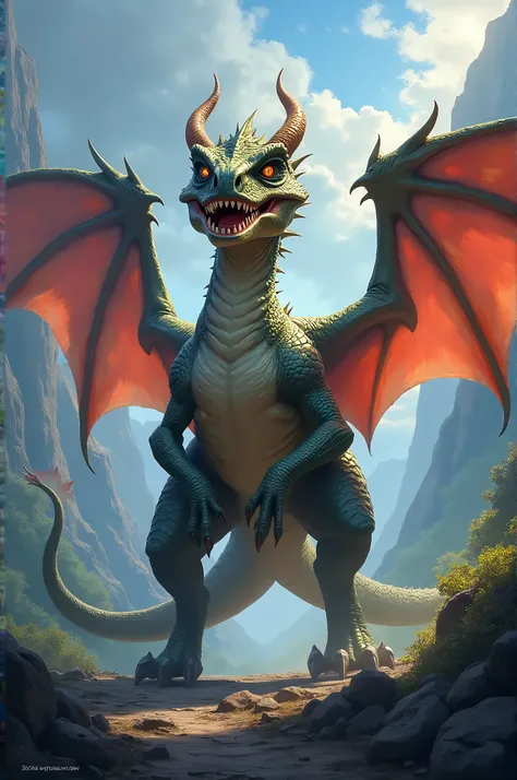 Dinosaur with animated dragon face and wings 