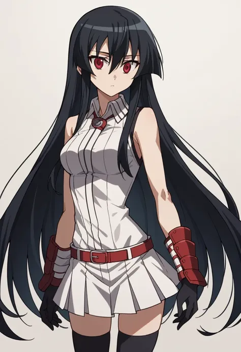 1girl,solo,akame, long hair, black hair, red eyes, hair between eyes,sleeveless white shirt,white skirt, white collar shirt, red...