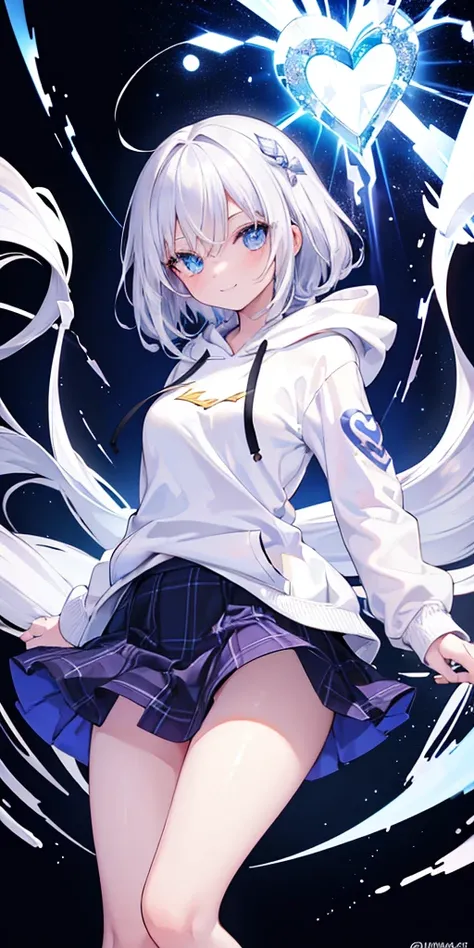 High Resolution, Masterpiece, Best Quality, (White Hoodie:1.2), white hair, (white backround:1.3), Anatomically Correct, smile, looking at the viewer, Small Breasts, Blue eyes, white and blue and purple effect, fantasy, black skirt, flying, beautiful light...