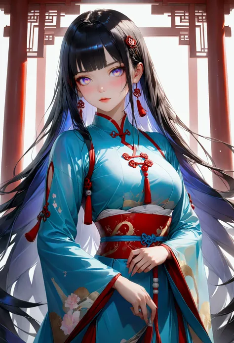 Long smooth straight black hair, inner dark iridescent hair,iridescent eyes,standing in kungfu clothes,looking at viewer. masterpiece, super detail, best quality, 8k,realistic