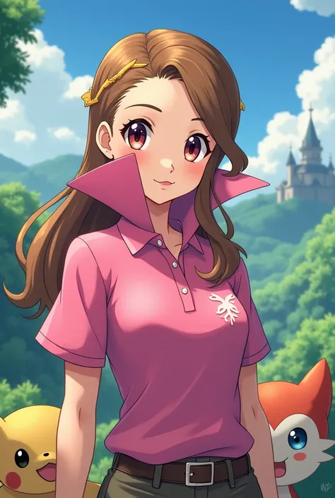 Anime Pokemon Trainer Princess, Zelda wearing a Pink Polo with a Massive Popped Collar thats taller than her head