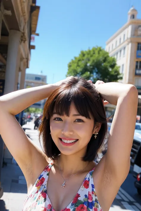 Best Quality, Ultra-high resolution, (Realistic: 1.4), Boring bangs, Bright smile, Floral Dress,Street Background,necklace,Earrings,Cowboy Shot、Put your hands behind your head