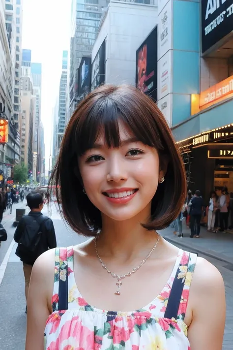 Best Quality, Ultra-high resolution, (Realistic: 1.4), Boring bangs, Bright smile, Floral Dress,Street Background,necklace,Earrings,Cowboy Shot、Put your hands behind your head