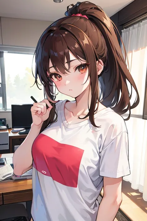 room,Casual clothes,Brown Hair,ponytail,Cute Girls, whole body,anime ,Ultra-high resolution, Anatomically correct, Textured Skin, retina, masterpiece, Anatomically correct, Textured Skin, Super detailed, Attention to detail, High image quality