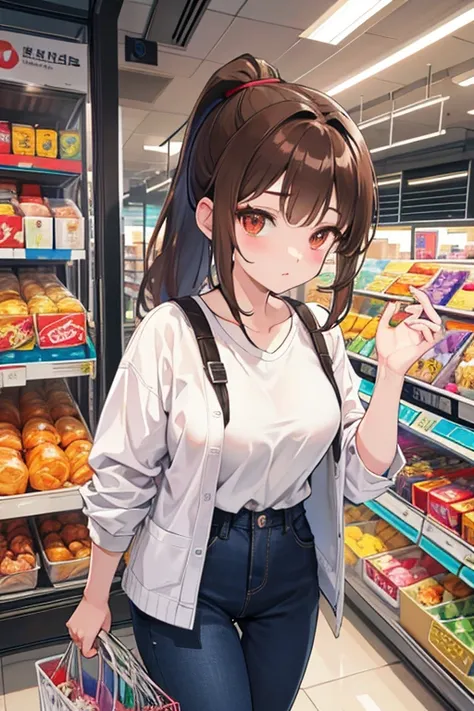 shopping,Casual clothes,Brown Hair,ponytail,Cute Girls, whole body,anime ,Ultra-high resolution, Anatomically correct, Textured Skin, retina, masterpiece, Anatomically correct, Textured Skin, Super detailed, Attention to detail, High image quality