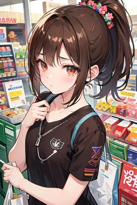 shopping,Casual clothes,Brown Hair,ponytail,Cute Girls, whole body,anime ,Ultra-high resolution, Anatomically correct, Textured Skin, retina, masterpiece, Anatomically correct, Textured Skin, Super detailed, Attention to detail, High image quality