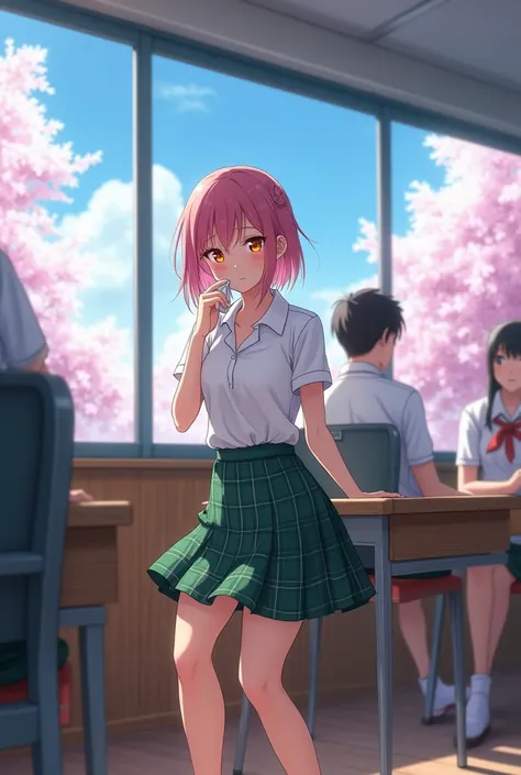 A 17-year-old white-skinned anime-style woman, To Love Ru, She is sitting at her desk in a classroom with few students around wearing the same uniform inside a white school with wooden floors in Tokyo, The treetops are reflected in the windows, cherry blos...