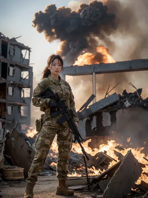 A woman wearing camouflage combat uniform stands among the ruins of war，Hand-held heavy rifle，Background with burning flames and destroyed buildings。Her expression is firm，Demonstrate perseverance and courage。She is well equipped，The whole scene is full of...