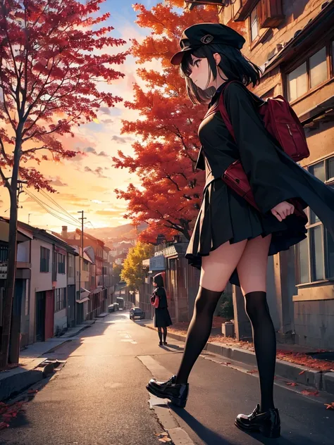 Sunset sky, old townscape, long slope, dusk, red maple trees lining the street, leaves flying in the wind, black student cap, black cape, black student uniform, black stockings, black lace-up shoes, black student bag, black-haired high school girl, walking...