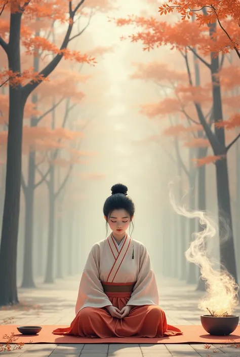 A serene scene featuring a woman in traditional Japanese clothing, sitting calmly as she burns incense. The smoke rising from the incense has intricate, elegant patterns inspired by traditional Japanese designs, gently swirling into the air. The texture of...