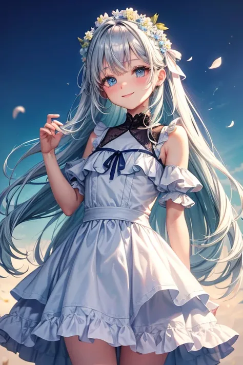 detailed, pretty, colored shadows, detailed colors, best quality, soft, pastel colors, silver to blue gradient hair, blue eyes, cute, transparent, flowers of field, long hair, AddXL , smile