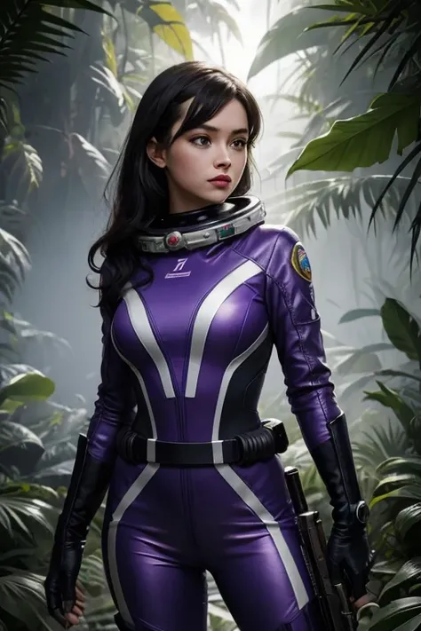 Detailed art in cinematic style, retrofuturistic sixties - seventies of the twentieth century, pin-up styles. Beautiful girl in an unbuttoned spacesuit, is located on an alien planet with a humid and hot climate. She holds a futuristic blaster in her hands...