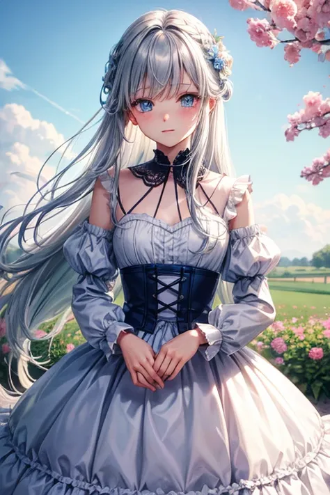 detailed, pretty, colored shadows, detailed colors, best quality, soft, pastel colors, silver to blue gradient hair, blue eyes, cute, transparent, flowers of field, long hair, AddXL , dating