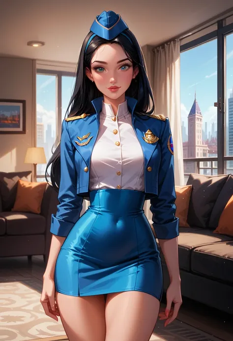 score_9, score_8_up, score_7_up, 1girl, solo, very sexy (Disneys Fa Mulan, black hair:1.4), wearing (sexy stewardess uniform, tight blouse, too small jacket, stewardess cap, short skirt, blue:1.5), confident, flirt, gaze, sexy look, cute smile, head tilt, ...