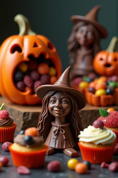  I want to create chocolate figures for Halloween. A chocolate witch, candies in a bowl, vampire and skeleton shaped gummies, A beautiful dispenser that is a pumpkin filled with chocolates, pumpkins filled with cupcakes. hyper realism, clear and excellent ...