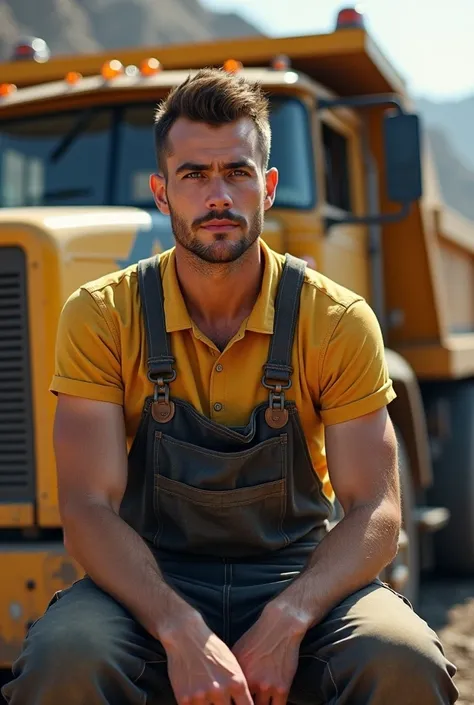 (photorealism:1.2), mine worker, sitting on truck, clean face without beard or mustache, soft lighting, mine in background,relaxed pose, realistic, intricate details, warm colors, by Greg Rutkowski, by Alphonse Mucha