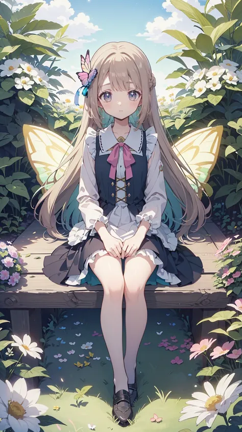 (masterpiece: 1.2), (Very detailed: 1.2), (Very detailed CG: 1.2), (High image quality: 1.2), (最High image quality), 8k, Anime illustration, Girl sitting in a flower field,A butterfly with a slightly sad expression々View、((There&#39;s a butterfly on my fing...