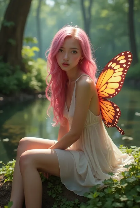 (masterpiece), (best quality), (ultra detailed), 1 , pose sexy, Blush, ((delicate dress :1.2)), happy, looking at the viewer, long hair, pink hair, in the forest with trees,bank, shy ,sitting on the floor, ((Alone)) ,worry, Blush, naughty,underneath,Lean b...