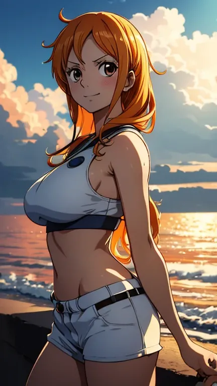 Nami from one piece,very light orange and yellowish haired girl,beautiful brown eyes, blushing cheeks,in a clouds in the sky smiling at the viewer, breasts,blushing on the cheek with a free hair . She should be wearing a crop top with a  short pants.The ar...