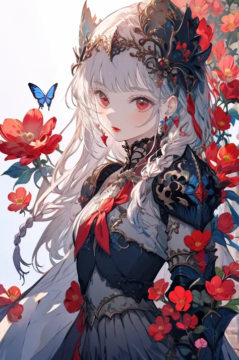 ((Best Quality)), ((masterpiece)), (detailed),Fantasy Fortress,One woman,Butterfly Style,,Silver Hair,Long Hair,Side braid,Asymmetrical bangs,Red eyes,Red lips,Flower Earrings,Slim figure,Silver Flower Armor,mini skirt,pantyhose,Blue Flower Background,Flow...