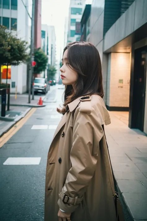 high quality, 1girl, long straight hair, brown hair, looking away, wearing trench coat, windy, street, cinematic lighting
