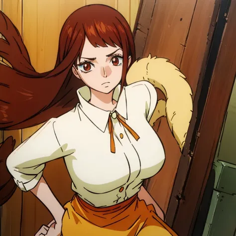 Female Characters　Big Breasts　Early 20s　Eyebrow-high bangs　Medium Hair　Reddish brown hair　Yellow Eyes　Hanging eyes　Straight face　Casual clothing　Cat Buddy