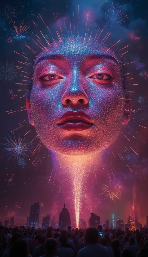 sci-fi, cyberpunk, futuristic fireworks, colorfull, exploded create womans face giving a kiss