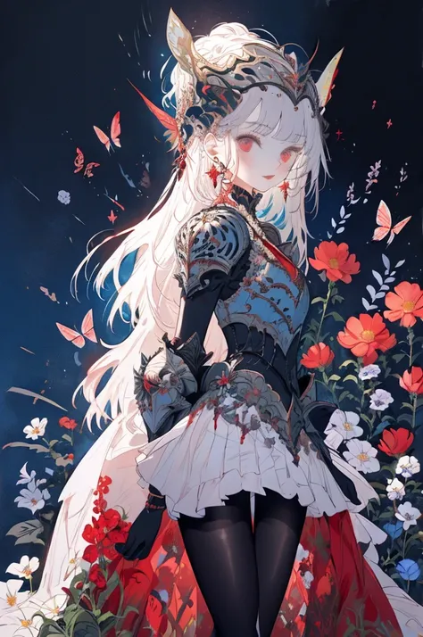 ((Best Quality)), ((masterpiece)), (detailed),Fantasy Fortress,One woman,Butterfly Style,sit,Silver Hair,Long Hair,Side braid,Asymmetrical bangs,Red eyes,Red lips,Flower Earrings,Slim figure,Silver Flower Armor,mini skirt,pantyhose,Blue Flower Background,F...