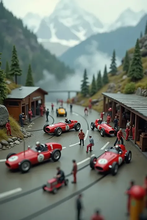 a detailed miniature f1 racing diorama, pitstop scene, intricate realistic vintage scene, stunning photorealistic hyper detailed 4k, beautiful dramatic lighting, soft muted color palette, cinematic composition, steam locomotive, winding mountain tracks, lu...