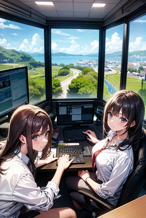 Beautiful girls working and looking at computer in an office with a view of a natural landscape 