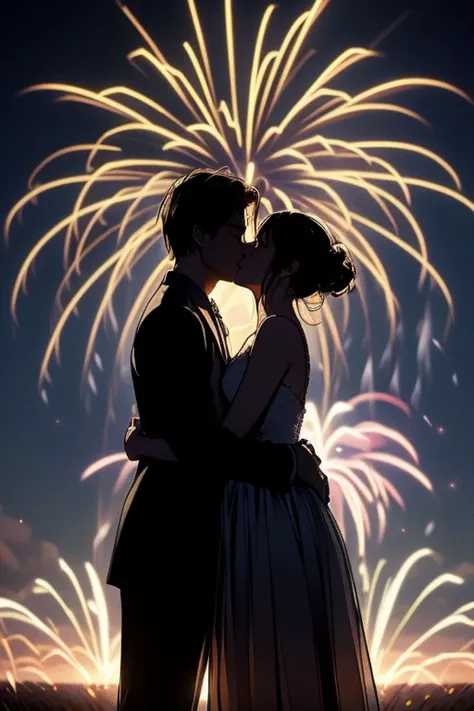 16k, (masterpiece), cinematic lighting, best quality, (sky is full of fireworks), silhouette of a couple hug and kissing, distan...