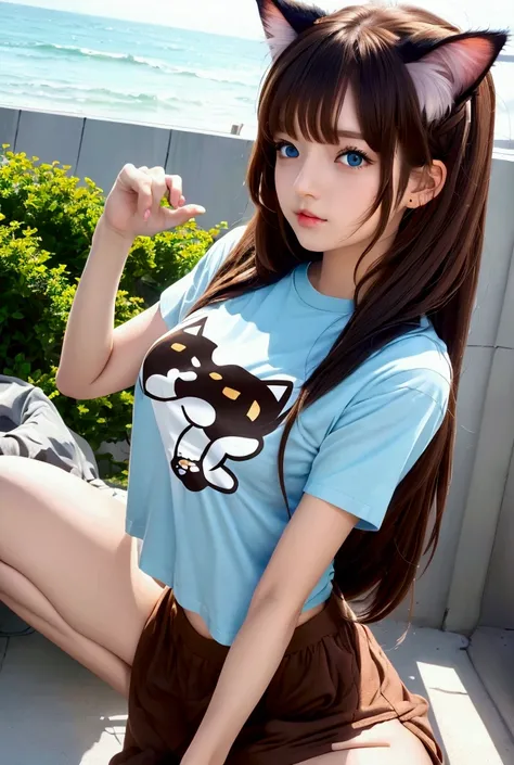 VANS t-shirt one girl, Tsundere brown hair, Long Hair, Simple Background, blue eyes, Cat ears, 