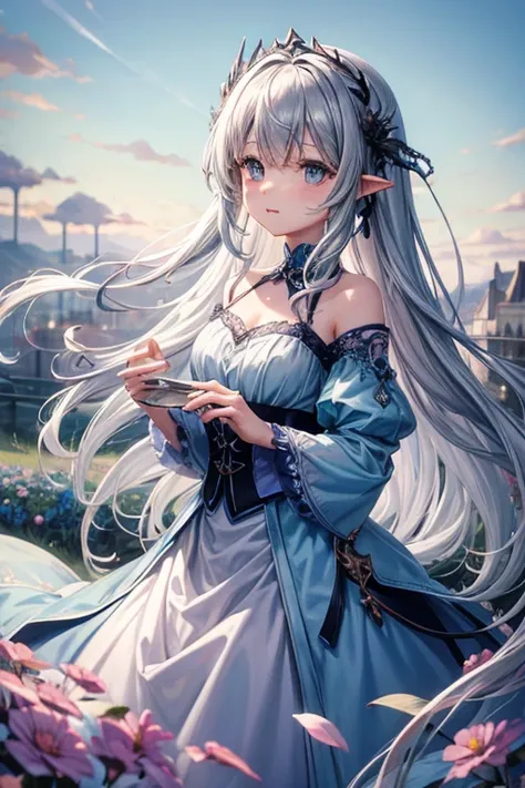 detailed, pretty, colored shadows, detailed colors, best quality, soft, pastel colors, silver to blue gradient hair, blue eyes, cute, transparent, flowers of field, long hair, AddXL , with dragon,death