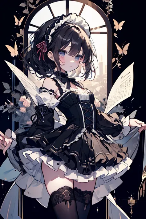 1 girl、Mature、ballerina、Black butterfly、Tutu、Lace fabric、Frills、Long eyelashes、Miniskirt、ribbon、Lace-up