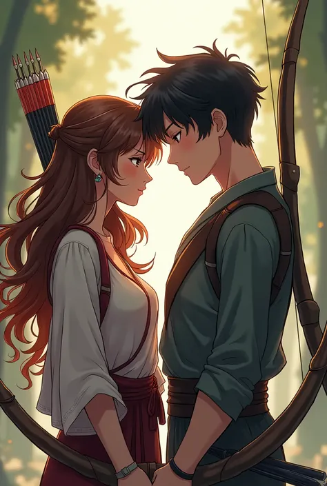 Cover for my book, one and one he being the same height as her, she has brown wavy hair and he has short black wavy hair, they are both archers, make them in anime style format don&#39;t leave the background b