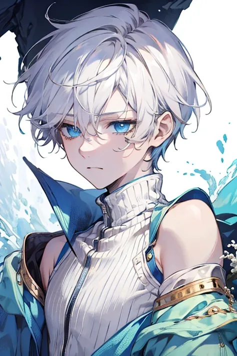 ((best quality)), ((masterpiece)), (detailed), 1boy, off-shoulder sweater,short hair boy, white hair, light blue eyes, stern face, There are 2 moles under the left eye vertically down.