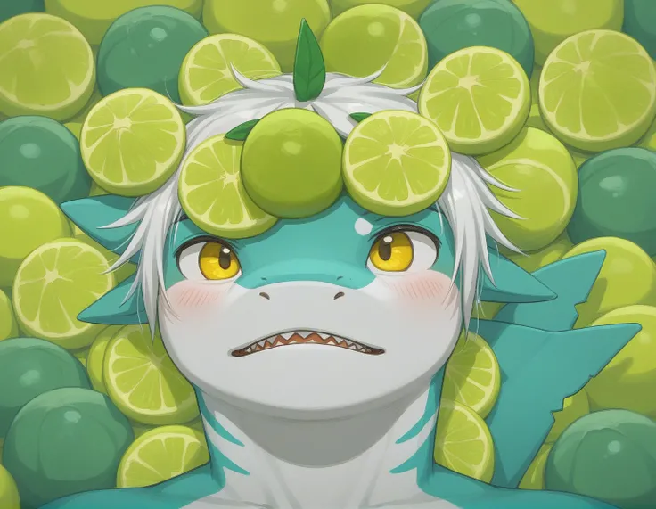 male, solo, score - 9, score-8, score-7, source code - furry, (green furry shark:1,3), white in front, (piece of lime on head:1.4), mint-colored hair, yellow eyes, in Jacuzzi