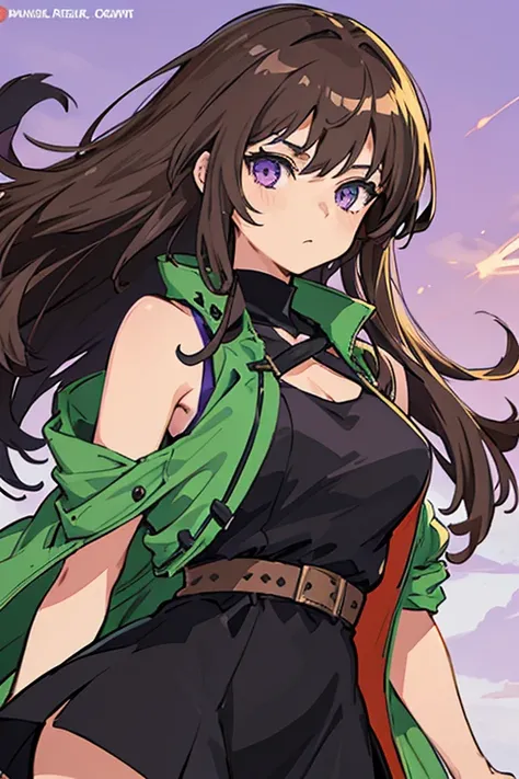 Italian girl anime version (The power to control the wind, Purple eyes and light brown medium length hair, Italian green and black sleeveless dress and jacket)