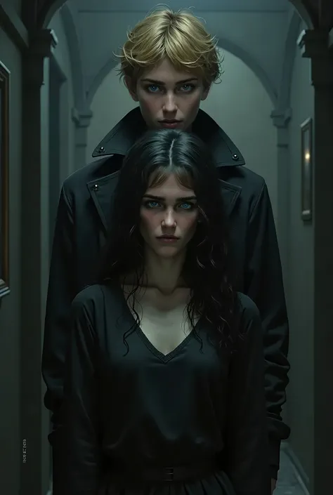 a girl. 2 with long wavy hair. dark room in the background. i can goth. she is sad. with a boy with a round face and square jaw, short wavy blonde hair, blue eye.. he is standing behind the girl.  it&#39;s the devil&#39;s smile. Realist Villain