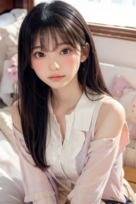 A short slender girl with a very very small-chested, round face, bangs, sharp almond-shaped eyes, high cheekbones, wearing a chorker, and long hair is lying on her back on a pure white bed. The black cardigan she is wearing is exposed, her shoulders and bl...