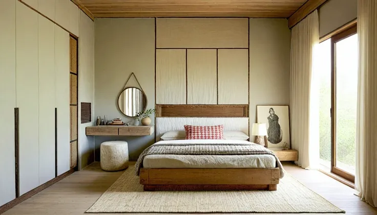 wabi-sabi bedroom interior, wabi-sabi interior style, design tends to be minimalist, calming and natural atmosphere, ((gray and ...