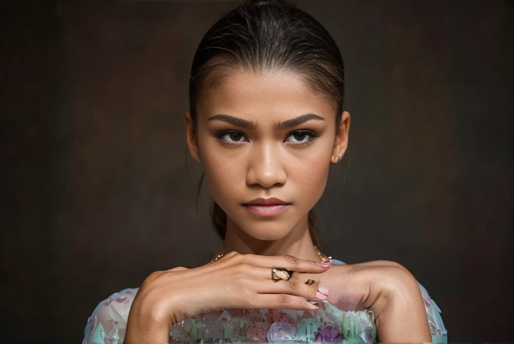 (zendaya:.4), (32k:1.5, Highest quality, masterpiece, Ultra-high resolution), Professional camera work:1.6, Highly detailed skin and face textures:1.3, Captivating portrait:1.2, Very accurate, Very detailed, 1 adult female, Incredibly slim body, sense of l...